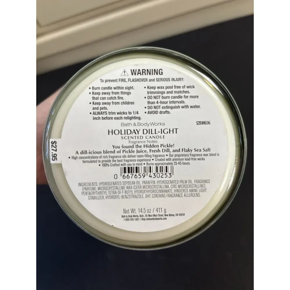 Bath & Body Works Holiday Dill--ight Green Pickle 3-Wick Candle 25-45 hour New